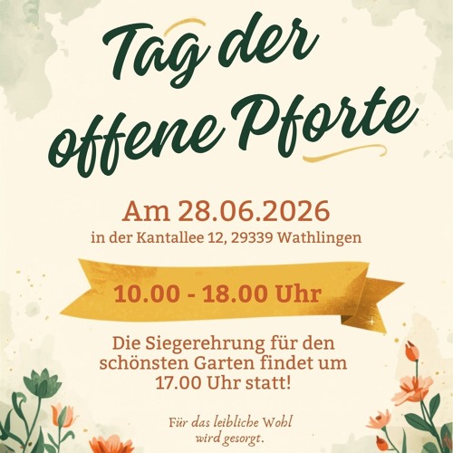 Liebe Gartenfreunde und Gartenfreundinnen, es ist wieder soweit, unsere Pforten werden wieder f&uuml;r euch ge&ouml;ffnet. W&auml;hlt euch den sch&ouml;nsten Garten aus. Wir freuen uns auf euch. Euer Kleing&auml;rtenverein Wathlingen