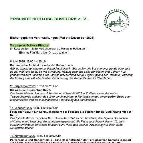Die FREUNDE SCHLOSS BIESDORF e. V. informieren...