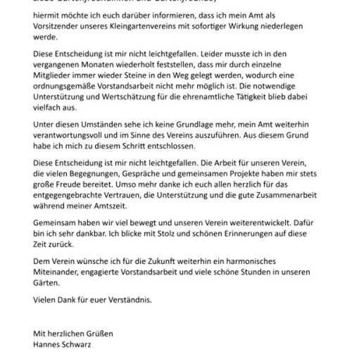 R&uuml;cktritt des Vorsitzenden